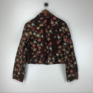 Harold’s denim jacket women’s no size tag, maybe medium brown w floral stitching